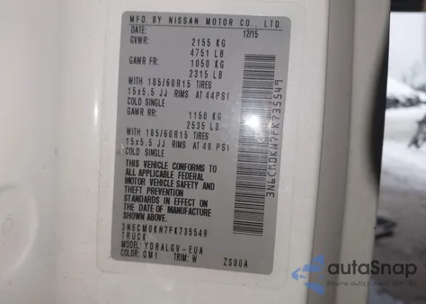 2015 Nissan Nv200 Sv z USA, uszkodzony, nr VIN 3N6CM0KN7FK735549